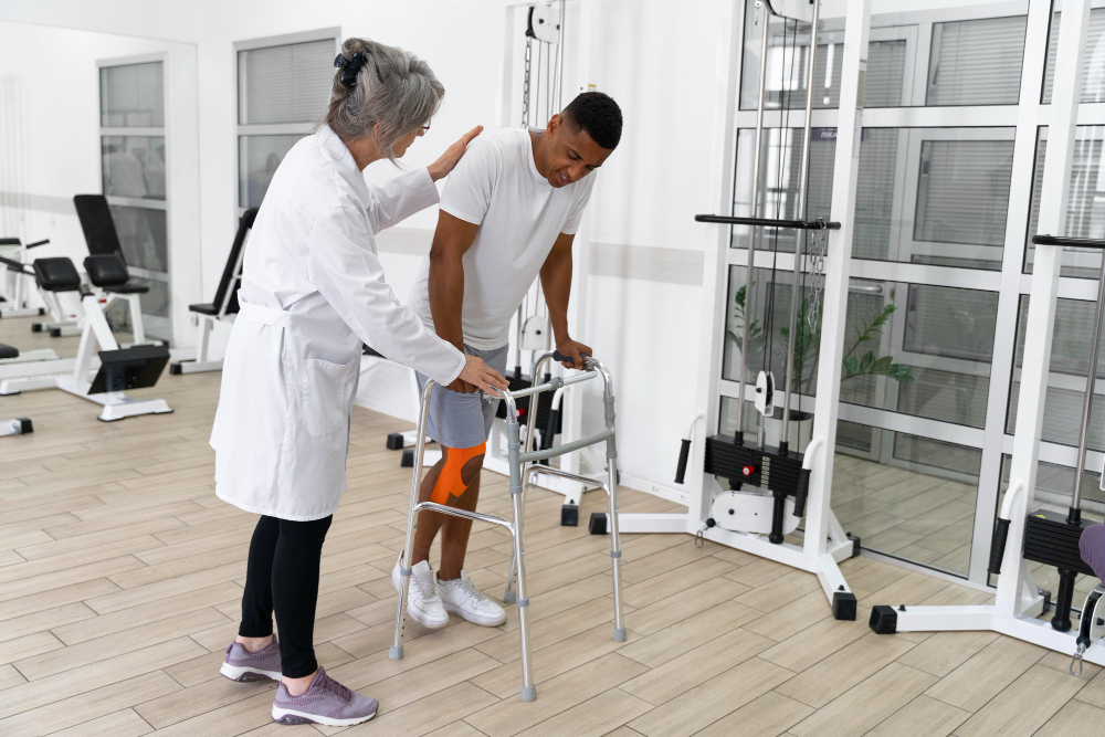 An image of medical assistant helping patient with rehabilitation therapy.